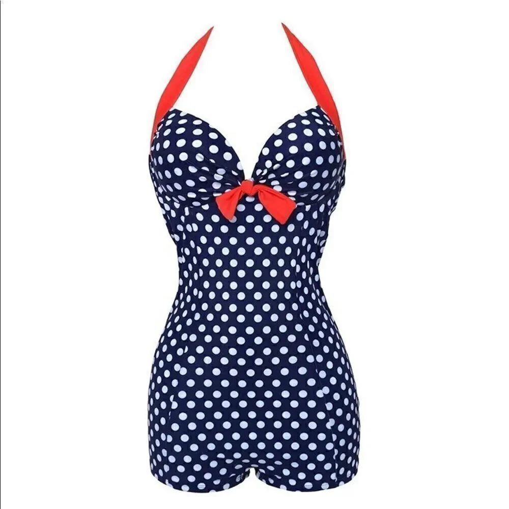 Women’s Swimsuit Bathers Halter Neck Boy Leg with Polka Dots Size 6-8 NEW